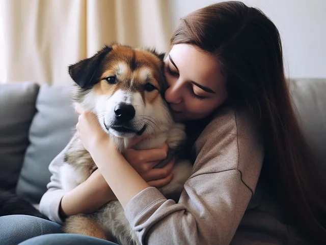 A female owner sharing love with her dog