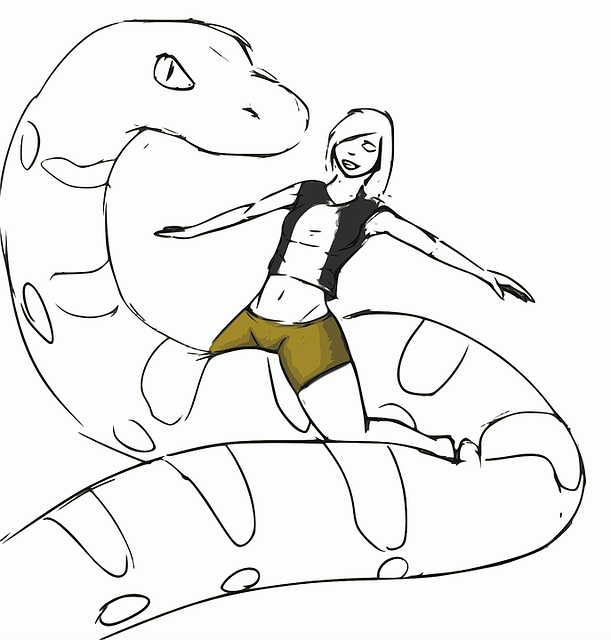 A sketch showing a child taking a ride on a snake