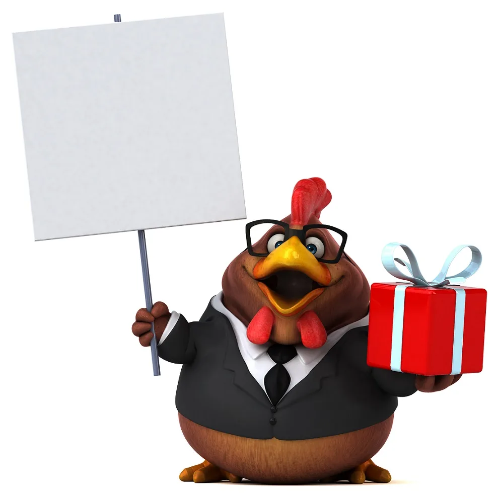 A rooster standing with a signboard and prize
